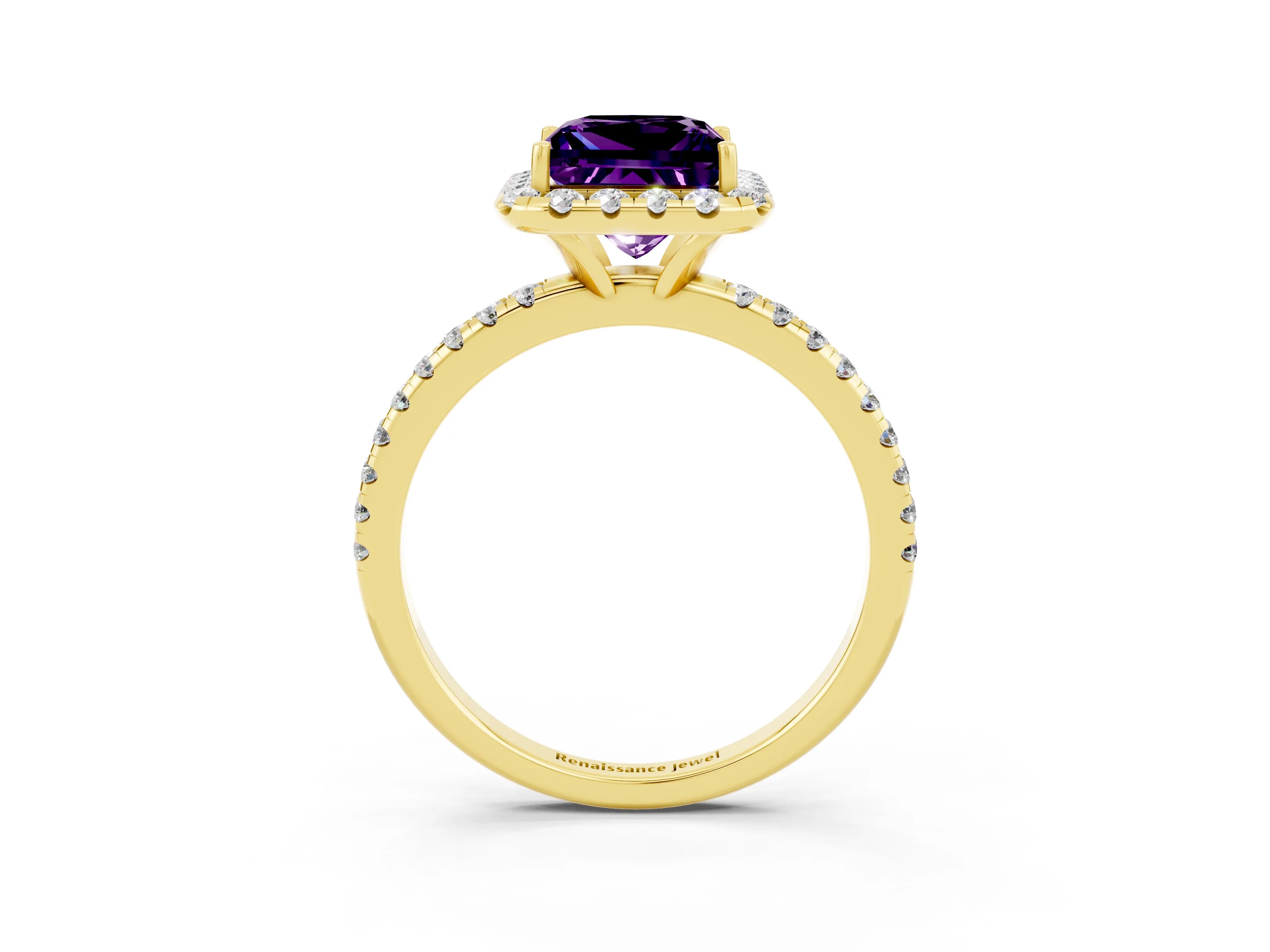 Yellow gold Princess Cut Cut Diamond Floral Halo Engagement Ring with Pavé Band and Prong Setting_3