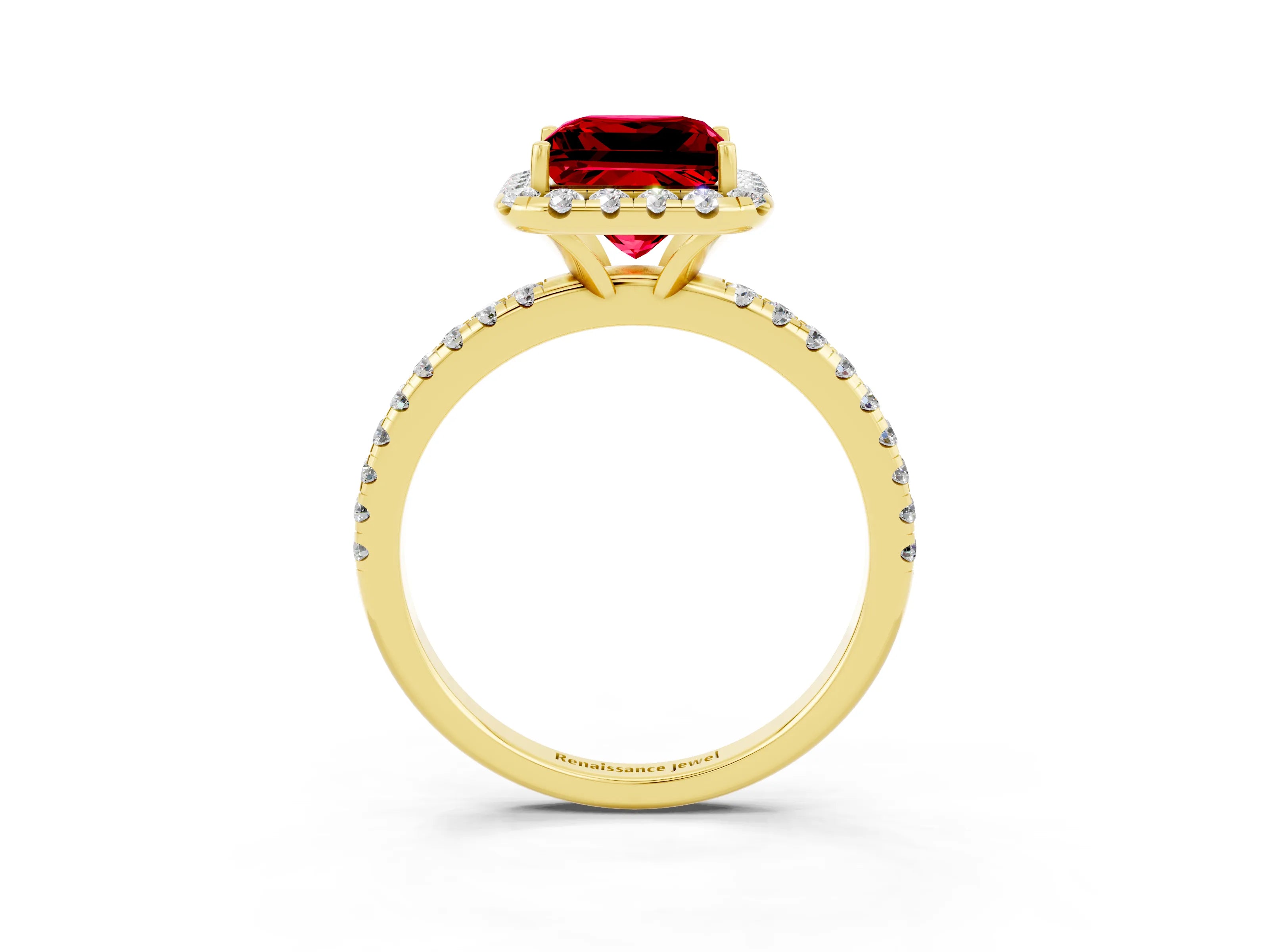 Yellow gold Princess Cut Cut Diamond Floral Halo Engagement Ring with Pavé Band and Prong Setting_3