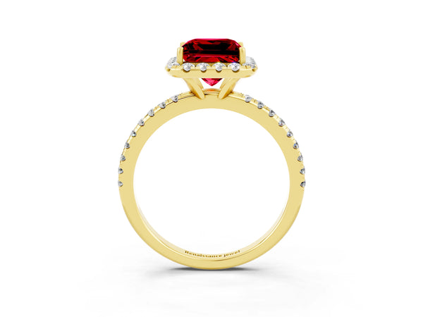 Yellow gold Princess Cut Cut Diamond Floral Halo Engagement Ring with Pavé Band and Prong Setting