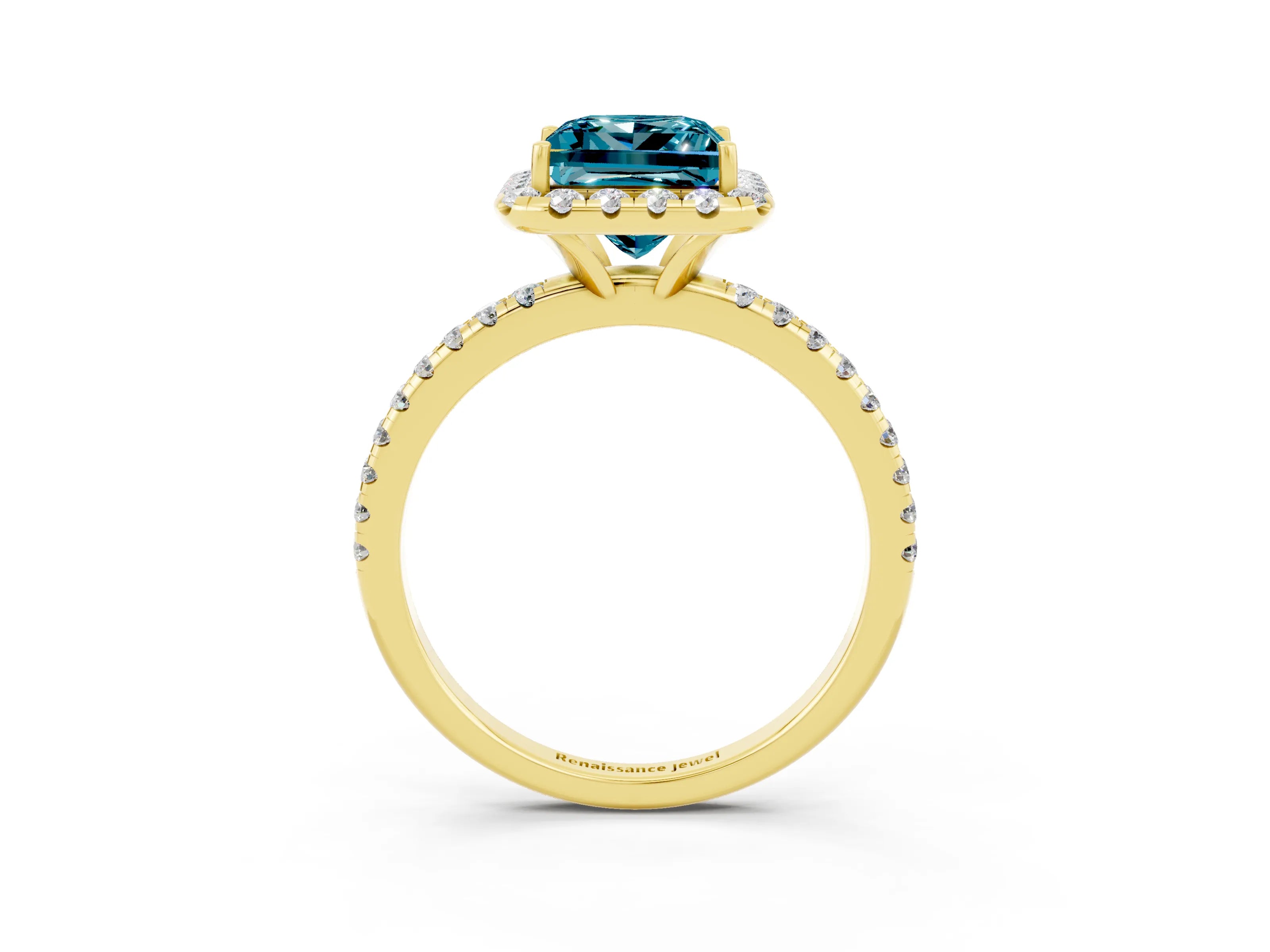 Yellow gold Princess Cut Cut Diamond Floral Halo Engagement Ring with Pavé Band and Prong Setting_3