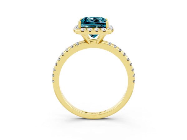 Yellow gold Princess Cut Cut Diamond Floral Halo Engagement Ring with Pavé Band and Prong Setting
