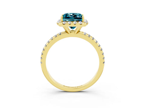 Yellow gold Princess Cut Cut Diamond Floral Halo Engagement Ring with Pavé Band and Prong Setting_3