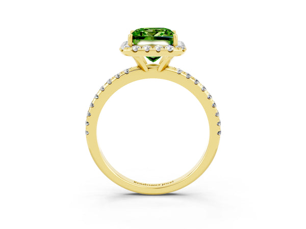 Yellow gold Princess Cut Cut Diamond Floral Halo Engagement Ring with Pavé Band and Prong Setting