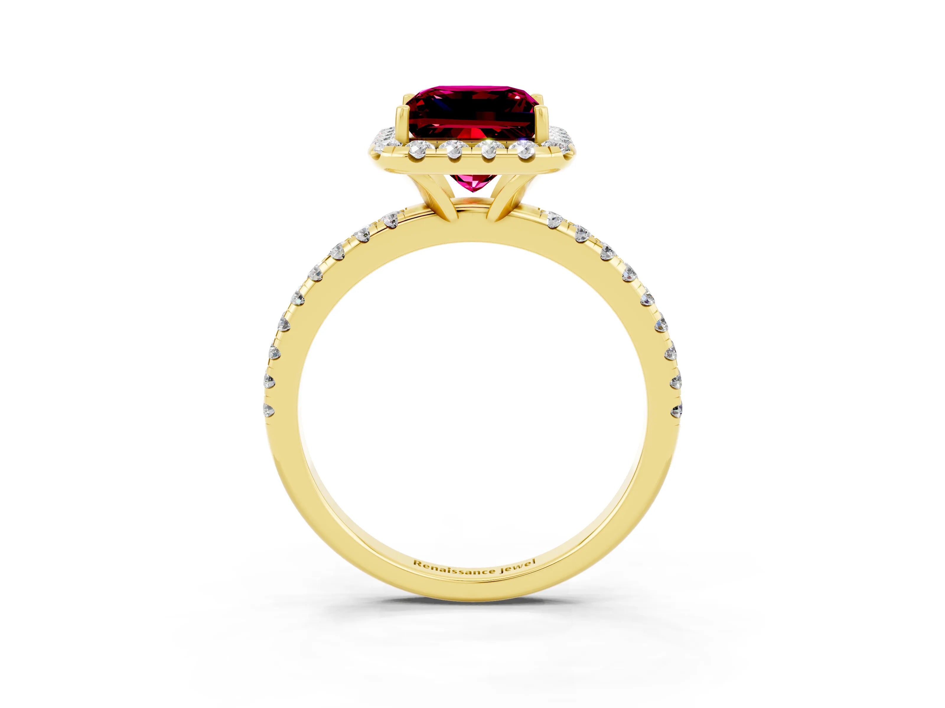 Yellow gold Princess Cut Cut Diamond Floral Halo Engagement Ring with Pavé Band and Prong Setting_3