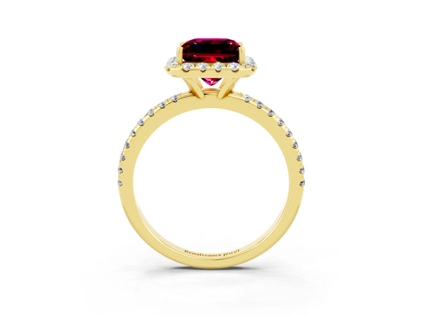 Yellow gold Princess Cut Garnet Halo Engagement Ring with Round Pavé Band and Prong Setting