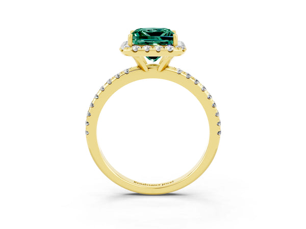 Yellow gold Princess Cut Green Sapphire Halo Engagement Ring with Round Pavé Band and Prong Setting