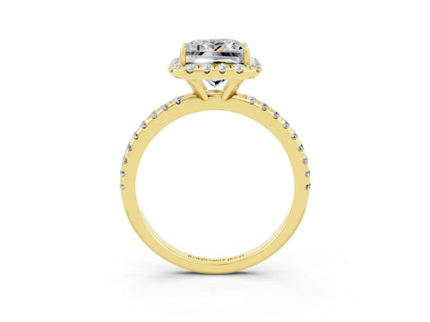 Yellow gold Princess Cut Cut Diamond Floral Halo Engagement Ring with Pavé Band and Prong Setting_3