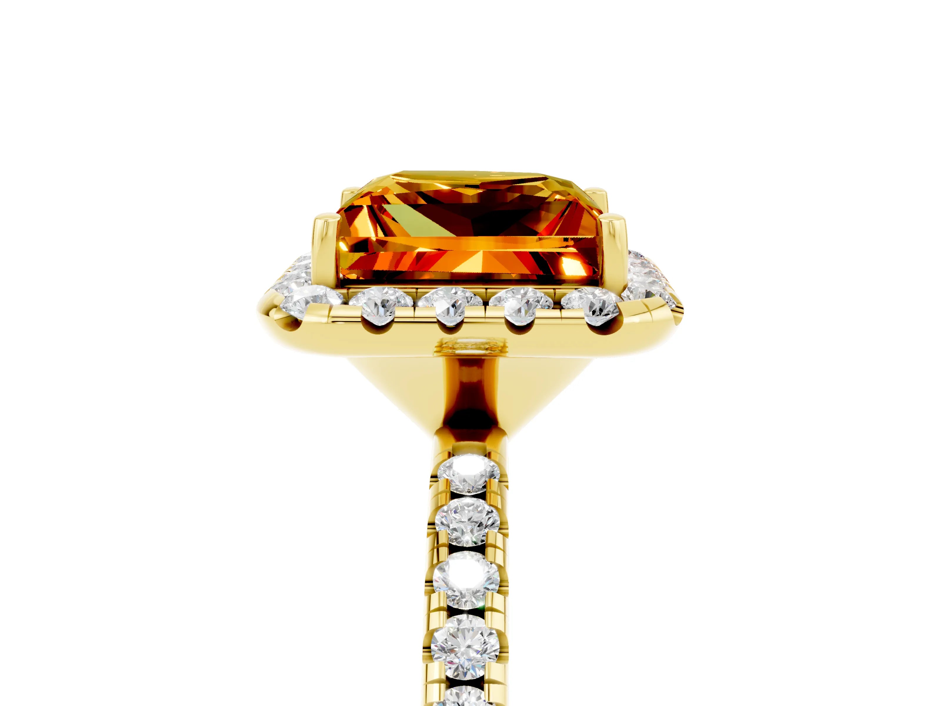 Yellow gold Princess Cut Cut Diamond Floral Halo Engagement Ring with Pavé Band and Prong Setting_5