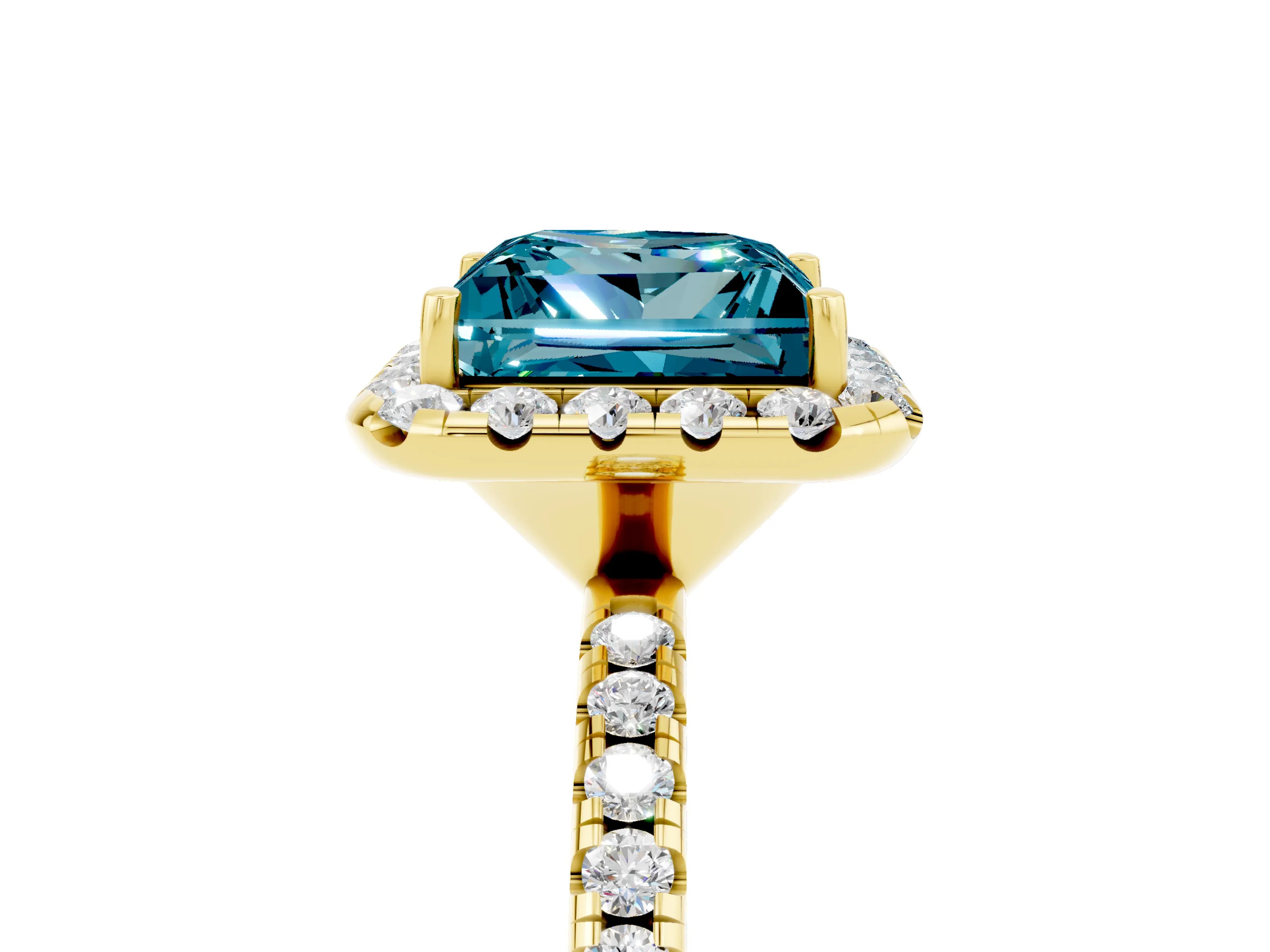 Yellow gold Princess Cut Cut Diamond Floral Halo Engagement Ring with Pavé Band and Prong Setting_5