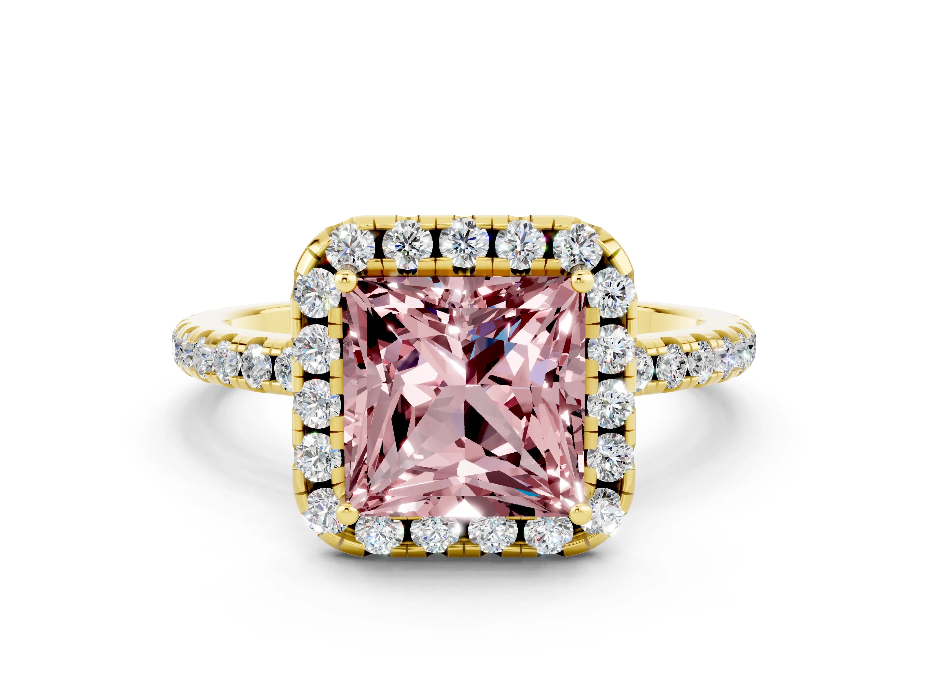 Yellow gold Princess Cut Cut Diamond Floral Halo Engagement Ring with Pavé Band and Prong Setting