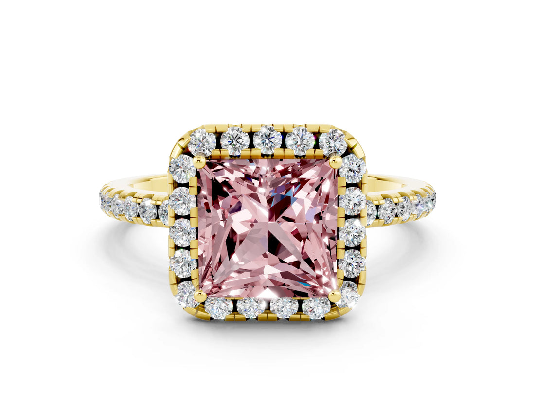 Yellow gold Princess Cut Cut Diamond Floral Halo Engagement Ring with Pavé Band and Prong Setting