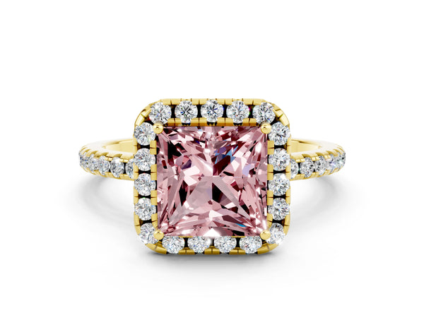 Yellow gold Princess Cut Cut Diamond Floral Halo Engagement Ring with Pavé Band and Prong Setting