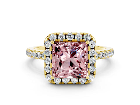 Yellow gold Princess Cut Cut Diamond Floral Halo Engagement Ring with Pavé Band and Prong Setting