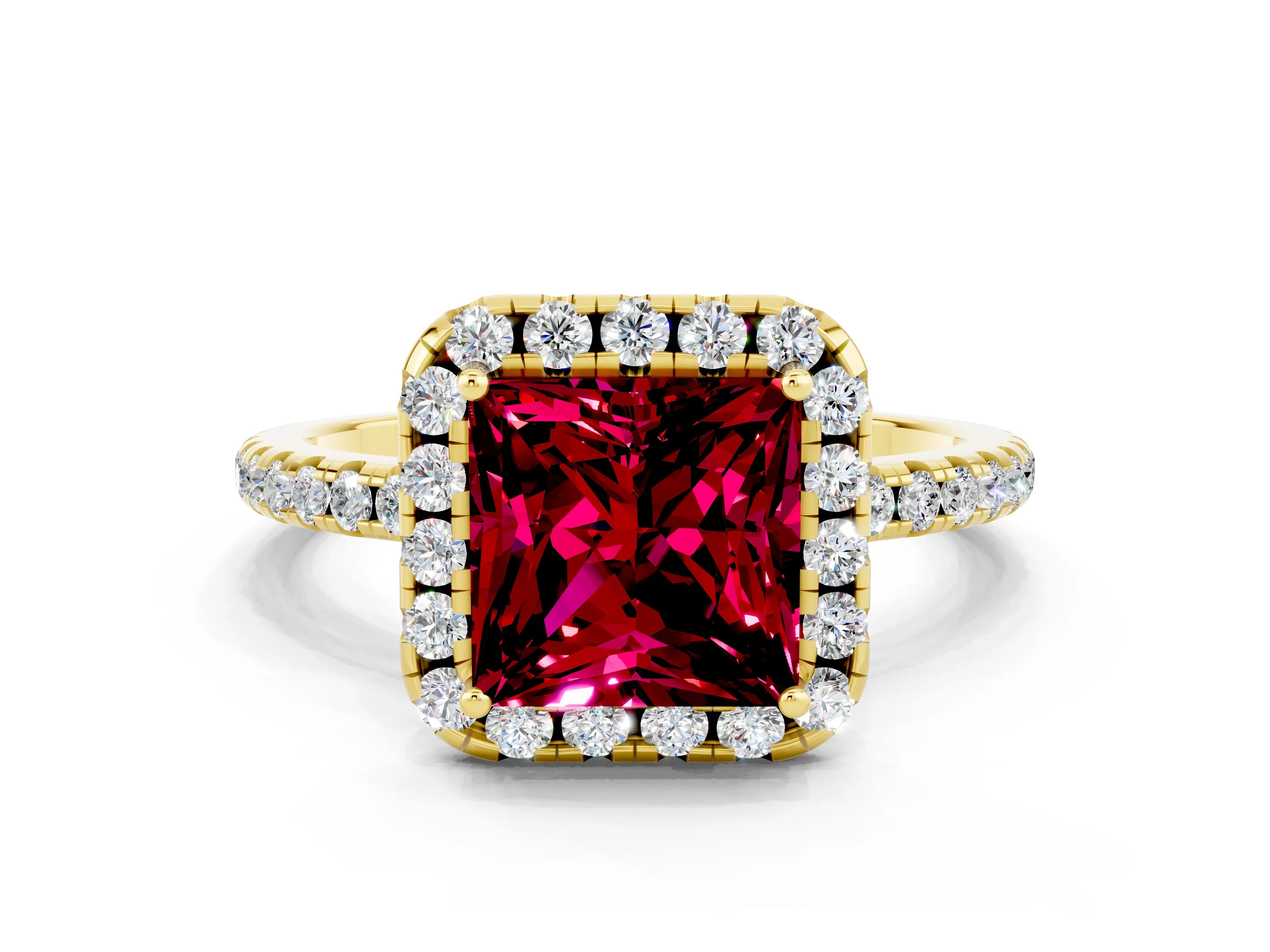 Yellow gold Princess Cut Cut Diamond Floral Halo Engagement Ring with Pavé Band and Prong Setting