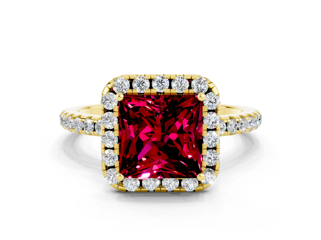 Yellow gold Princess Cut Cut Diamond Floral Halo Engagement Ring with Pavé Band and Prong Setting