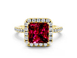 Yellow gold Princess Cut Cut Diamond Floral Halo Engagement Ring with Pavé Band and Prong Setting