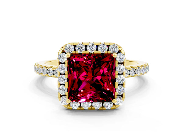 Yellow gold Princess Cut Garnet Halo Engagement Ring with Round Pavé Band and Prong Setting