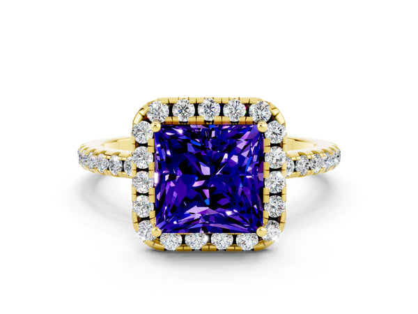 Yellow gold Princess Cut Tanzanite Halo Engagement Ring with Round Pavé Band and Prong Setting