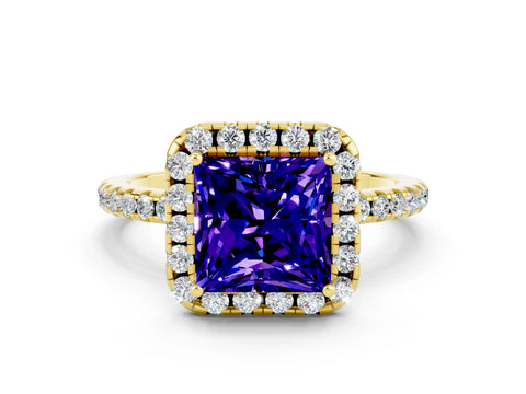 Yellow gold Princess Cut Cut Diamond Floral Halo Engagement Ring with Pavé Band and Prong Setting