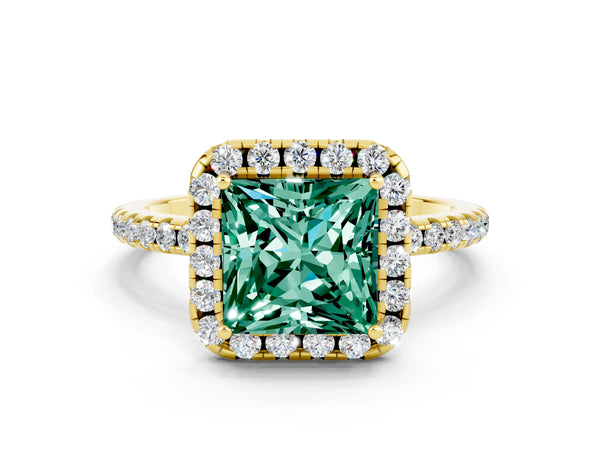 Yellow gold Princess Cut Green Sapphire Halo Engagement Ring with Round Pavé Band and Prong Setting