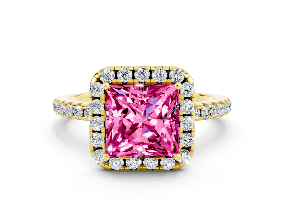 Yellow gold Princess Cut Cut Diamond Floral Halo Engagement Ring with Pavé Band and Prong Setting