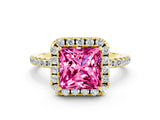 Yellow gold Princess Cut Cut Diamond Floral Halo Engagement Ring with Pavé Band and Prong Setting