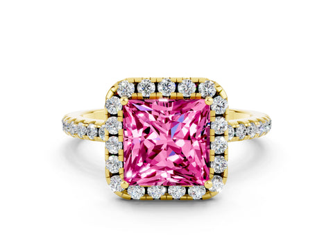 Yellow gold Princess Cut Cut Diamond Floral Halo Engagement Ring with Pavé Band and Prong Setting