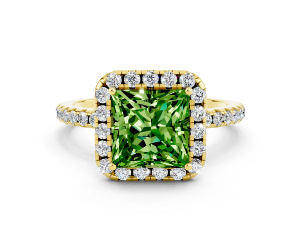 Yellow gold Princess Cut Cut Diamond Floral Halo Engagement Ring with Pavé Band and Prong Setting