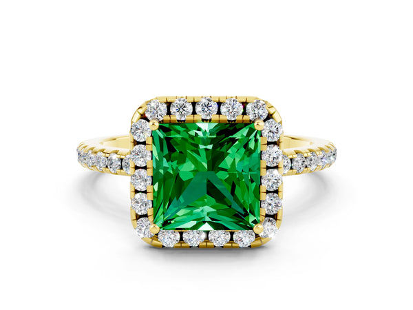 Yellow gold Princess Cut Emerald Halo Engagement Ring with Round Pavé Band and Prong Setting