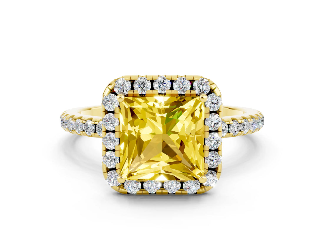 Yellow gold Princess Cut Cut Diamond Floral Halo Engagement Ring with Pavé Band and Prong Setting