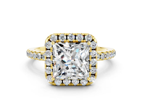 Yellow gold Princess Cut Cut Diamond Floral Halo Engagement Ring with Pavé Band and Prong Setting