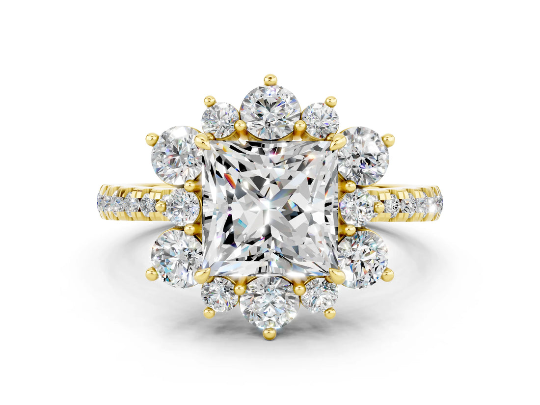 Yellow gold Princess Cut Cut Diamond Floral Halo Pave Band with Prong Setting