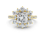 Yellow gold Princess Cut Cut Diamond Floral Halo Pave Band with Prong Setting