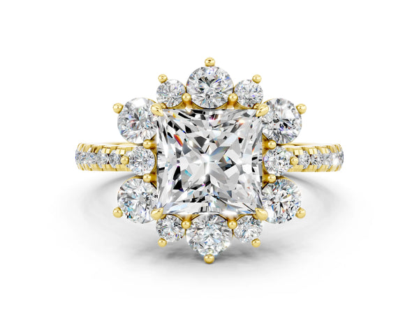 Yellow gold Princess Cut Moissanite Floral Halo Ring with Round Pavé Band and Prong Setting