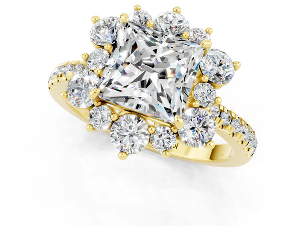Yellow gold Princess Cut Moissanite Floral Halo Ring with Round Pavé Band and Prong Setting