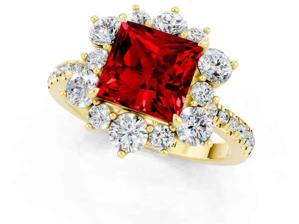 Yellow gold Princess Cut Ruby Floral Halo Ring with Round Pavé Band and Prong Setting