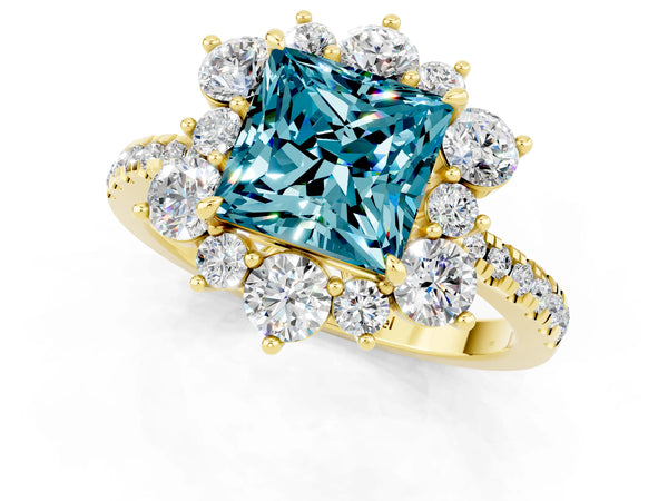 Yellow gold Princess Cut Cut Diamond Floral Halo Pave Band with Prong Setting