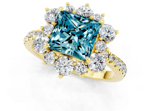Yellow gold Princess Cut Cut Diamond Floral Halo Pave Band with Prong Setting_1