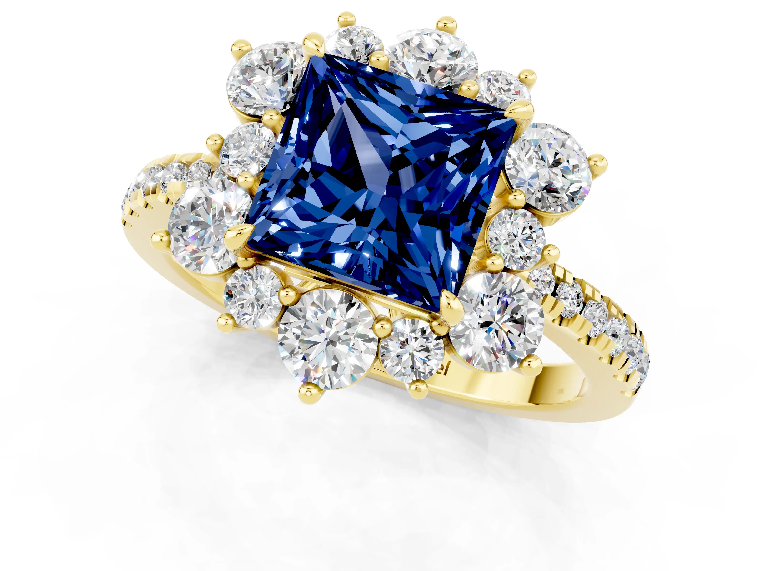 Yellow gold Princess Cut Cut Diamond Floral Halo Pave Band with Prong Setting_1