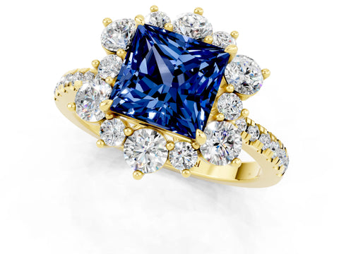 Yellow gold Princess Cut Cut Diamond Floral Halo Pave Band with Prong Setting_1
