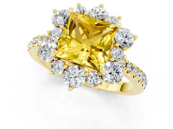 Yellow gold Princess Cut Yellow Sapphire Floral Halo Ring with Round Pavé Band and Prong Setting
