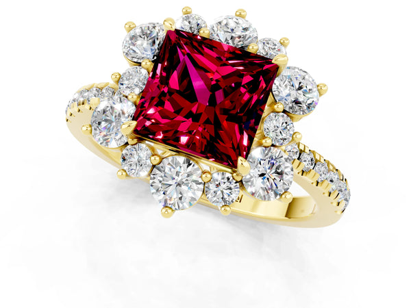 Yellow gold Princess Cut Garnet Floral Halo Ring with Round Pavé Band and Prong Setting