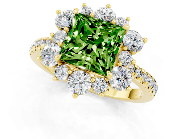 Yellow gold Princess Cut Cut Diamond Floral Halo Pave Band with Prong Setting