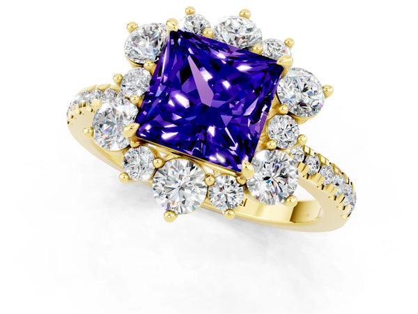 Yellow gold Princess Cut Tanzanite Floral Halo Ring with Round Pavé Band and Prong Setting