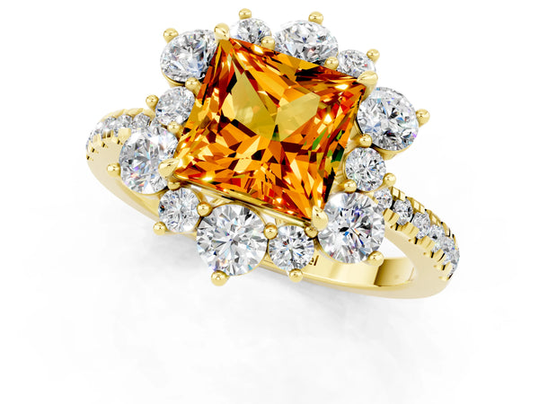 Yellow gold Princess Cut Citrine Floral Halo Ring with Round Pavé Band and Prong Setting