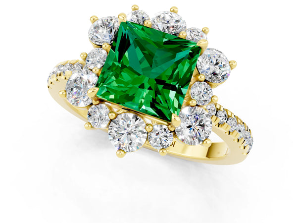 Yellow gold Princess Cut Emerald Floral Halo Ring with Round Pavé Band and Prong Setting