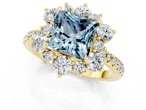 Yellow gold Princess Cut Cut Diamond Floral Halo Pave Band with Prong Setting_1
