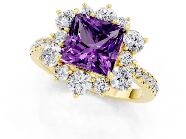 Yellow gold Princess Cut Amethyst Floral Halo Ring with Round Pavé Band and Prong Setting