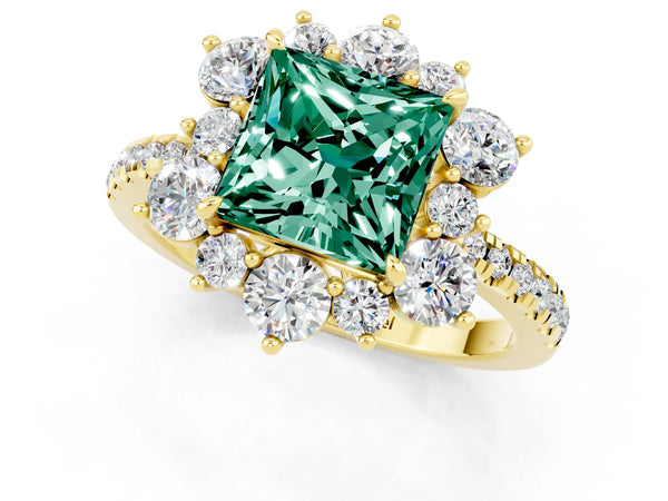 Yellow gold Princess Cut Green Sapphire Floral Halo Ring with Round Pavé Band and Prong Setting
