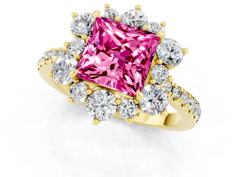Yellow gold Princess Cut Cut Diamond Floral Halo Pave Band with Prong Setting_1